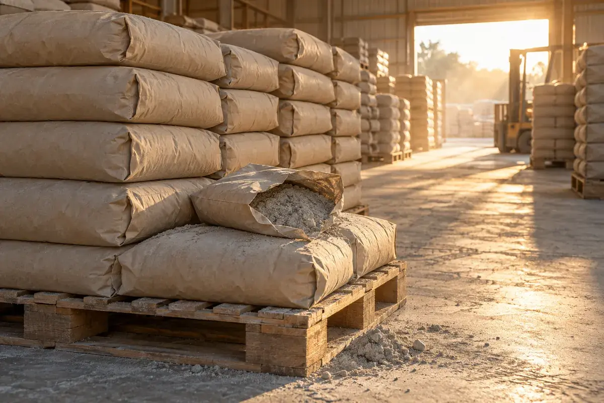 Sacos de cimento e cimento-cola empilhados em paletes num armazém de materiais de construção.