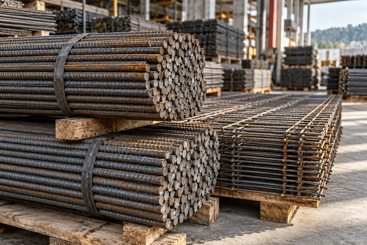 Varão de construção e painéis de malha sol em paletes: ferro e armaduras para construção.